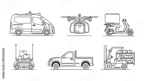 Innovative Delivery Vehicles: A curated assembly of delivery vehicles, showcasing futuristic drone, delivery van, electric scooter, robot, pickup truck, and forklift. 