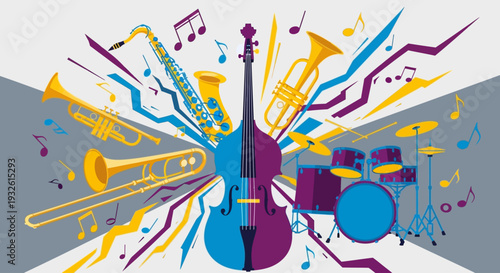 Celebrating Jazz Appreciation Month with vibrant musical instruments in a lively scene from a dynamic viewpoint