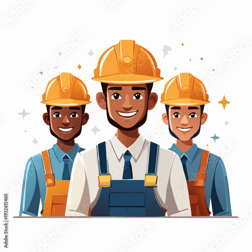 Three smiling construction workers wearing hard hats and uniforms.