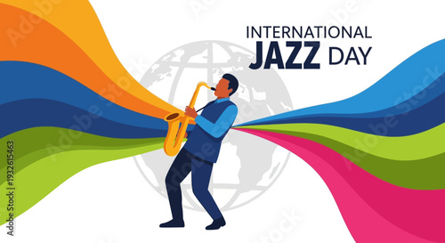 Celebrating Jazz Appreciation Month with a saxophonist performing on a vibrant colorful background during International Jazz Day