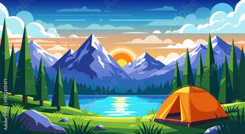 Vibrant vector illustration of a serene mountain lake campsite at sunrise, featuring a tent and evergreen trees, perfect for outdoor adventure themes