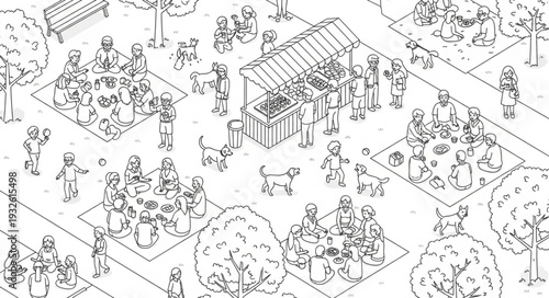 Detailed illustration of a bustling outdoor market scene with various vendors and shoppers.