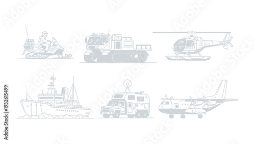 Diverse Fleet of Transport Vehicles: A collection of various vehicles showcases diverse modes of transport for land, air, and sea travel. Illustrating the innovation and functionality of transport.
