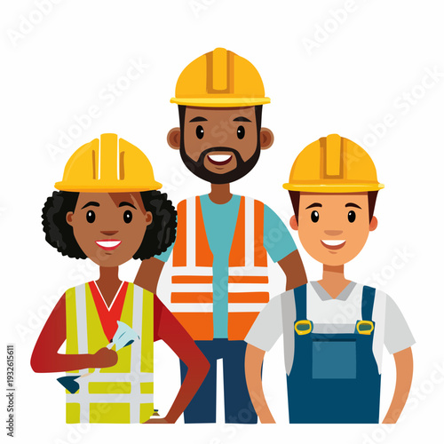 Diverse group of construction workers wearing safety gear and hard hats.