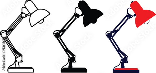 Adjustable desk lamp set in outline, black silhouette and colored styles, flat vector illustration isolated on white background for office lighting, design and icon projects
