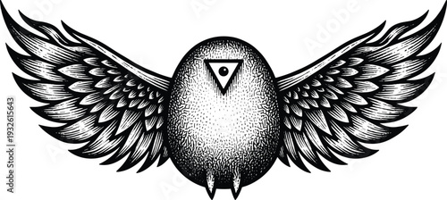 Woodcut style engraving of a surreal mystical egg creature with wings and a single eye in a triangle, occult symbolic black and white illustration.