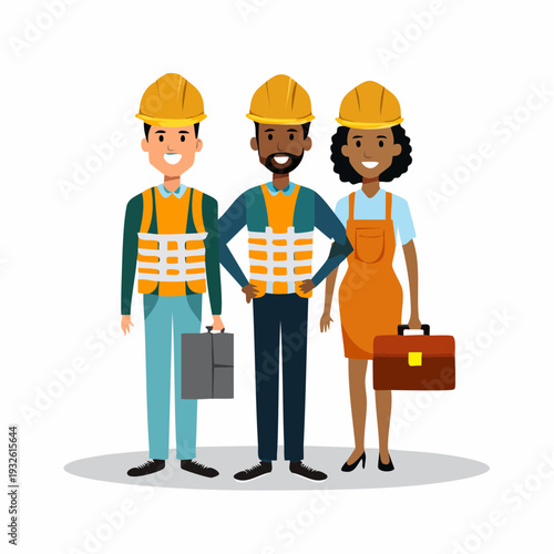 Diverse group of construction workers standing together.