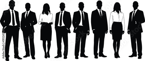 Professional business people group silhouette standing in a row wearing formal corporate suits and office attire isolated on white background for leadership team concep