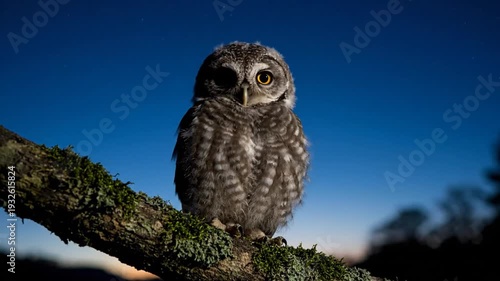 A Cute Little Owl Perched on a Mossy Branch at Dusk, Gazing Towards the Camera