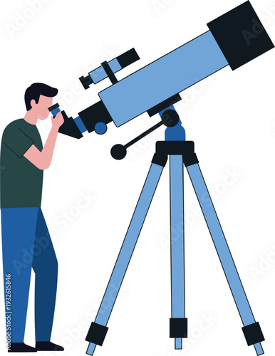 Astronomer using telescope on tripod observing night sky, space exploration and astronomy research concept, scientific observation illustration, stargazing hobby, education and discovery theme