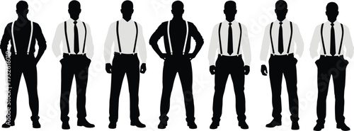 Professional Men Silhouette Vector Set Featuring Gentlemen Wearing Suspenders and Ties in Standing Poses Isolated Black and White Figures for Corporate Fashion and Business Design