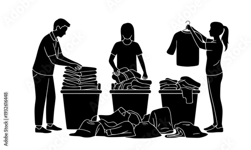 Volunteers sorting and donating clothes into bins, community charity clothing drive silhouette concept with people organizing garments for donation and recycling