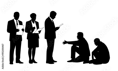  Business professionals in formal attire standing and discussing while two unemployed men sit on the ground, depicting social inequality, job crisis, and economic disparity concept