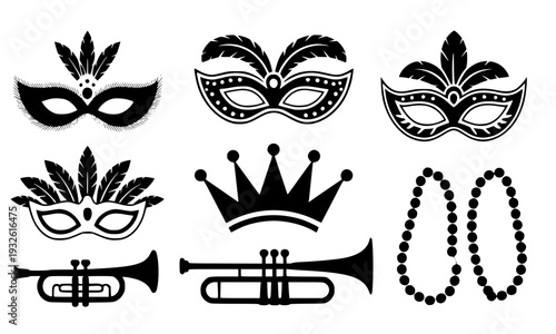 Mardi Gras carnival celebration icon set with masquerade masks, feathers, crown, trumpet, and beads in black silhouette style for festive party design
