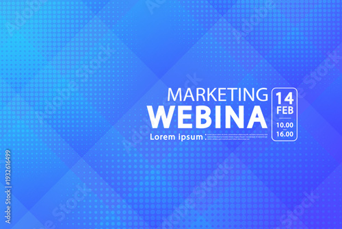 Blue geometric background for online marketing seminar. Professional webinar template with abstract shapes and halftone pattern for business event announcement.