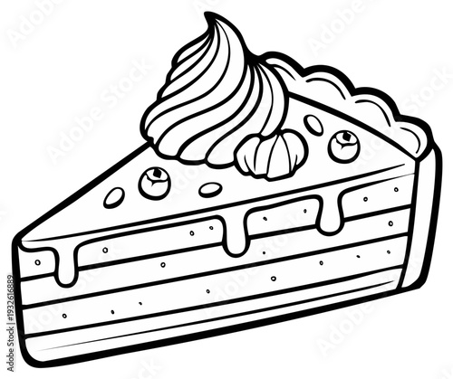 Outlined Illustration of a Slice of Cake with Cream and Drizzled Syrup, Suitable for Coloring Pages