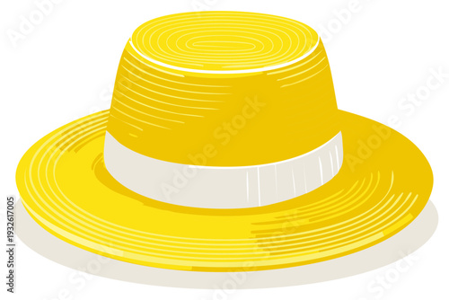 Stylized Yellow Boater Hat with Neutral Band Accessory for Summer Vacation and Festive Apparel