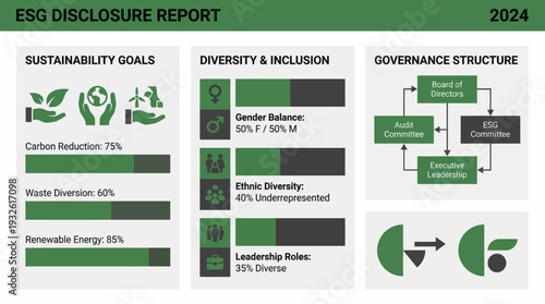 An ESG Disclosure Report for 2024, detailing sustainability goals, diversity and inclusion metrics, and the company's governance structure.