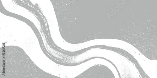 Abstract grey and white wavy brush strokes with speckled texture and subtle paint splatters