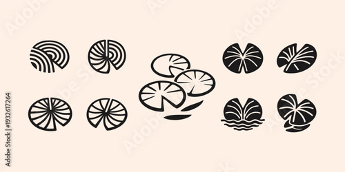 Abstract Water Lily and Aquatic Plant Leaf Outline Icons