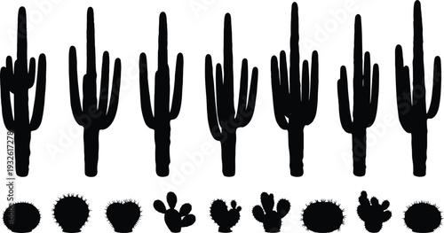 Black cactus silhouette icon set featuring desert succulents in multiple shapes, minimal flat vector collection isolated on white background for nature and arid landscape design