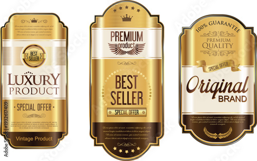 Three gold and white product labels with luxury and premium text