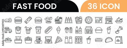 Collection of thirty six fast food icons in simple modern style
