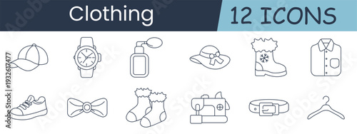 Clothing set icon. Cap, watch, perfume, hat, boot, shirt, sneaker, bowtie, socks, sewing, belt, hanger, fashion, accessory, textile, outfit