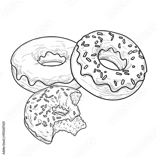 Donut with glaze and topping, hand drawn sketch. Vector illustration. Sweet flour pastry, bitten donut, isolated on white background. For kitchen decor, textile printing, menu, Not AI