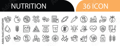 Comprehensive Nutrition Icon Set Featuring Various Food and Health Symbols