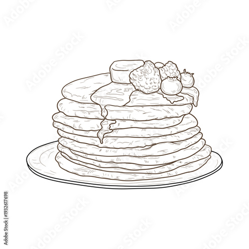 A stack of pancakes with berries on a plate, hand drawn sketch. Vector illustration. Sweet flour pastries for Maslenitsa, isolated on a white background. Hand-drawn, not AI