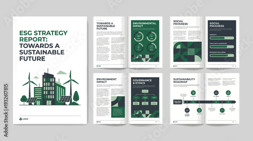A multi-page ESG strategy report with infographics and illustrations, detailing a company's commitment towards a sustainable future, featuring environmental and social progress sections.