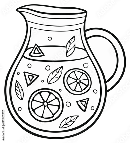 Outline Illustration of Pitcher with Lemonade and Citrus Fruits for Coloring Book Pages