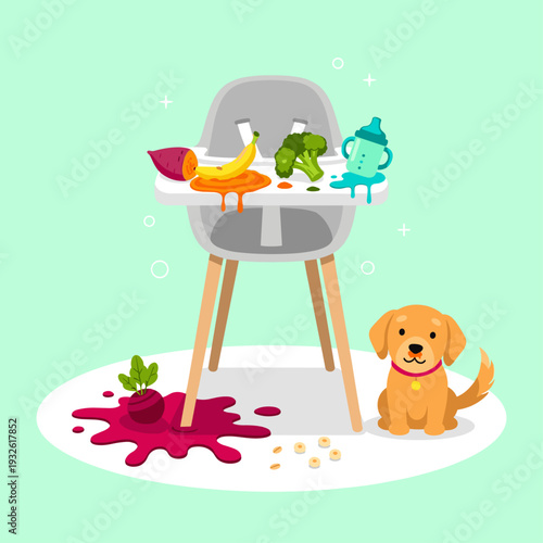 Flat Vector Illustration of a Baby's Messy Mealtime Aftermath