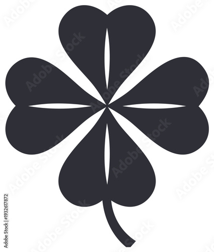 Black four-leaf clover icon with heart shaped leaves, a symbol of good luck and St Patrick's Day