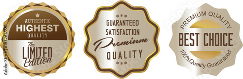 Three gold and brown seals with quality assurance text