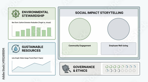 Infographic illustrating key environmental, social, and governance (ESG) metrics and impact areas for corporate responsibility.
