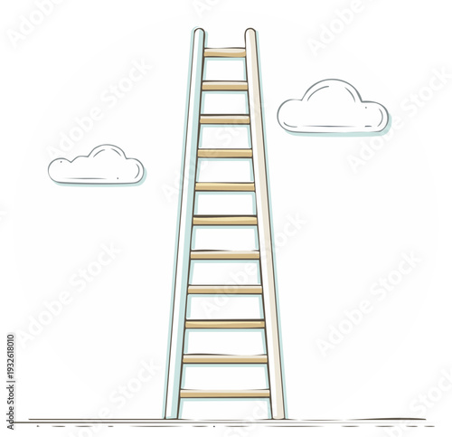 Artistic Sketch of a Tall Ladder Reaching for Clouds Symbolizing Aspirations and Achievement in Light Illustration Style