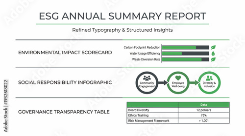 An ESG Annual Summary Report slide detailing environmental impact, social responsibility, and governance transparency with charts and tables.