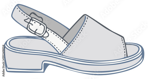 Simple graphic illustration of a light gray slingback sandal with a white strap and buckle