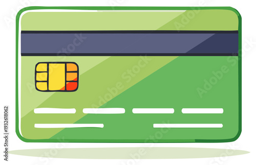 Green credit card with chip and magnetic stripe illustration for digital payments