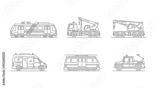 Transportation Lineup: A diverse collection of modern transportation vehicles, each one designed with sleek lines. From transport vehicles to work truck.