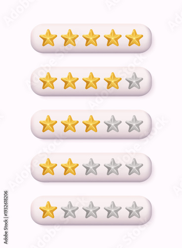 3D star rating bars with different levels from one to five stars, customer review and feedback concept isolated on pastel background.