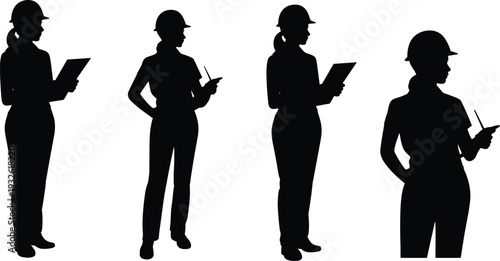 Female construction engineer silhouette set, woman architect with helmet holding clipboard and radio isolated vector illustration collection