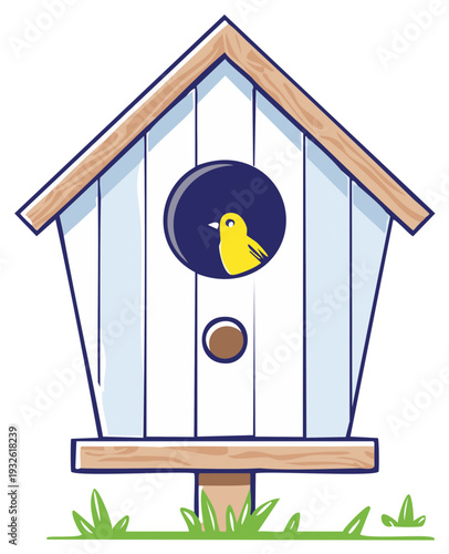 Birdhouse with a yellow bird in round window, cartoon drawing