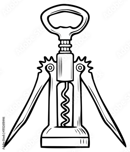 Black and white drawing of a classic winged corkscrew with bottle opener functionality