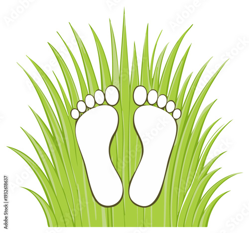 Simple graphic of bare feet standing on a patch of vibrant green grass