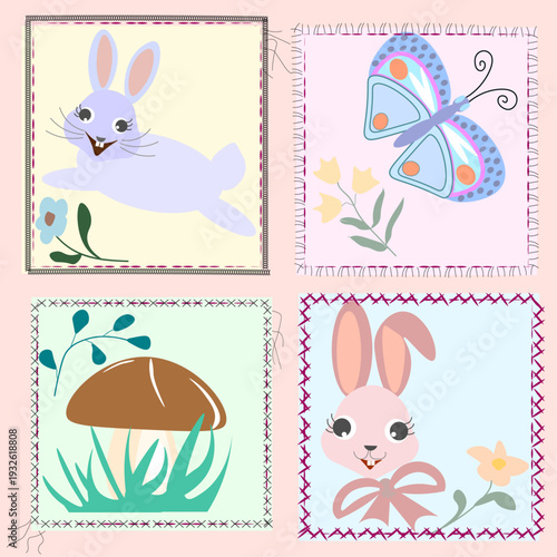 Adorable hand-stitched applique patches for kids cute bunny and butterfly and mushroom and flowers 