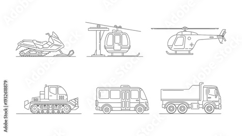 Transport Icons: A collection of transport icons includes snowmobile, cable car, helicopter, snowplow, bus, and truck.