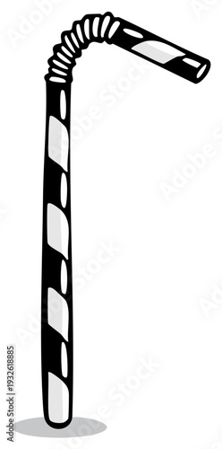 Black and white striped flexible drinking straw with a bendy neck isolated